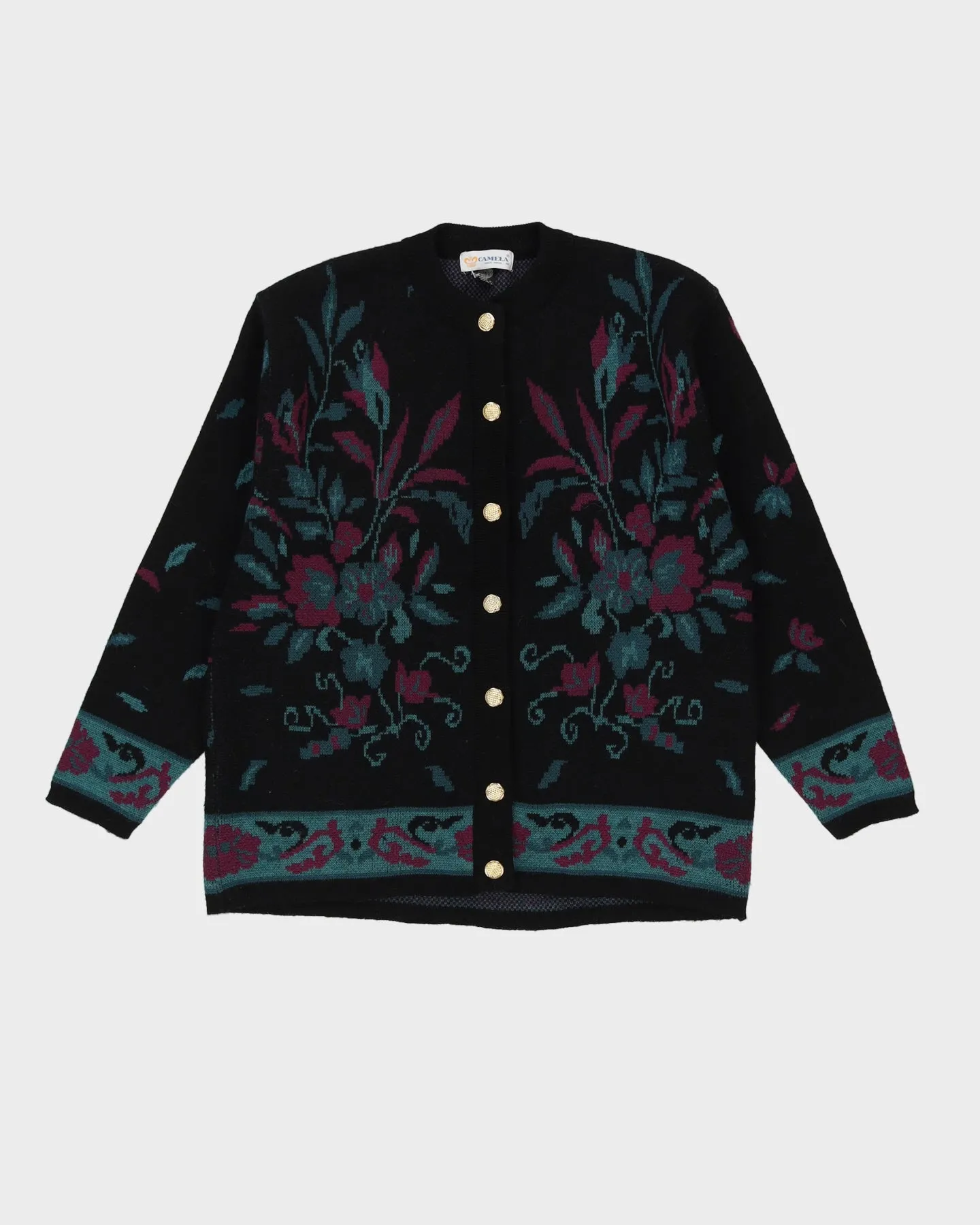 Black Floral Patterned Knitted Cardigan - M