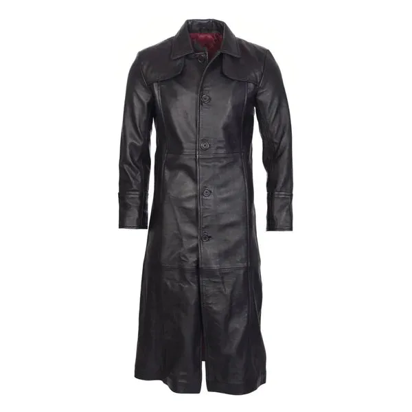 Black Full-Length Classic Leather Trench Coat