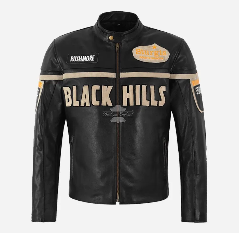 Black Hills Mens Biker Leather Jacket Black Badge Detailing