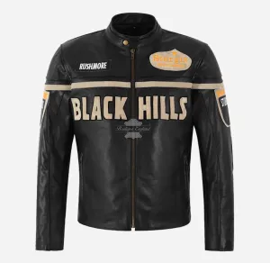 Black Hills Mens Biker Leather Jacket Black Badge Detailing