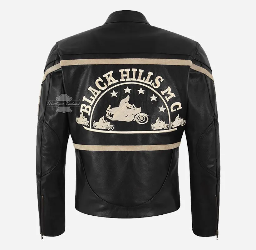 Black Hills Mens Biker Leather Jacket Black Badge Detailing