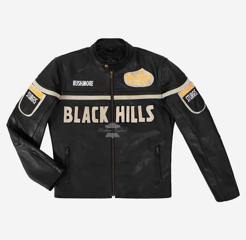 Black Hills Mens Biker Leather Jacket Black Badge Detailing