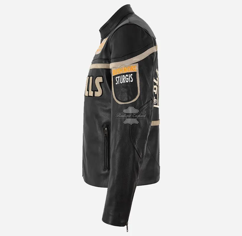 Black Hills Mens Biker Leather Jacket Black Badge Detailing