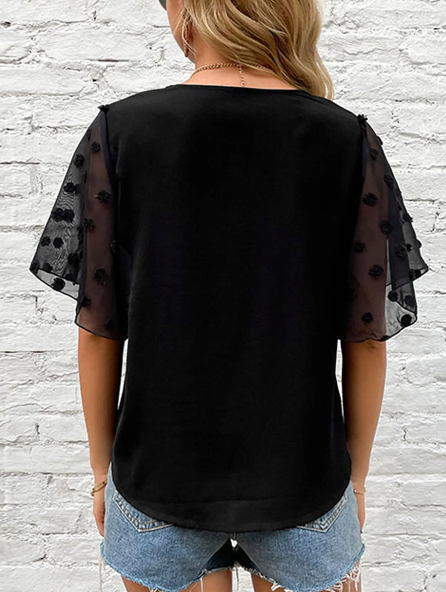 EcoFriendlyTexture Anti Odor Treatment BLACK V-NECK GAUZE SEE-THROUGH BLOUSE_CWTBLS0874