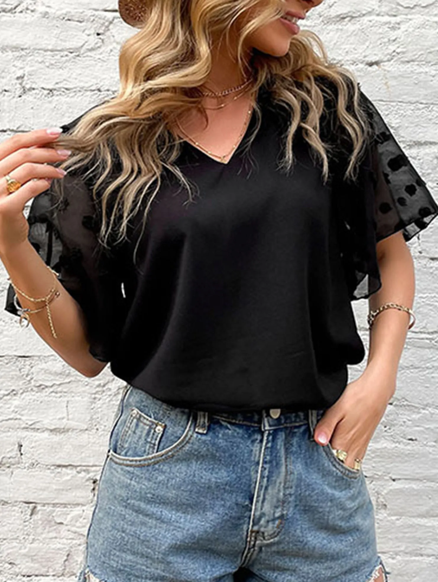 BLACK V-NECK GAUZE SEE-THROUGH BLOUSE_CWTBLS0874 Flex Fit Shoulder Construction AntiOdorTreatment