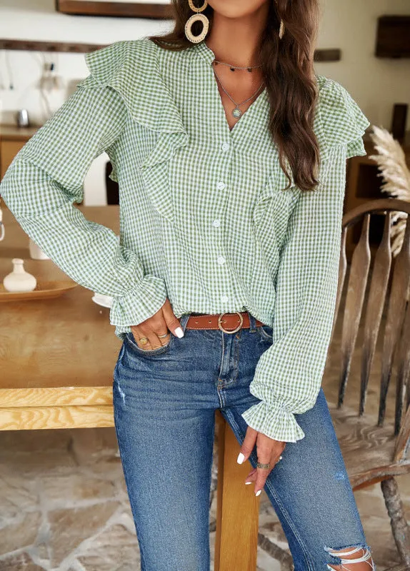 Blaire Temperament Commuting Plaid Long-Sleeved Ruffle Shirt