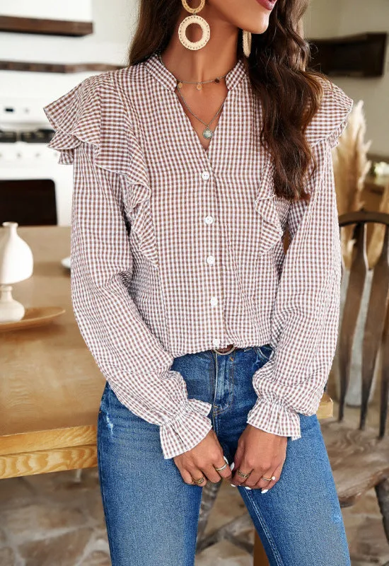 Blaire Temperament Commuting Plaid Long-Sleeved Ruffle Shirt