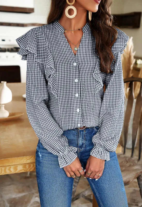 Blaire Temperament Commuting Plaid Long-Sleeved Ruffle Shirt