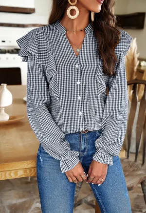Blaire Temperament Commuting Plaid Long-Sleeved Ruffle Shirt