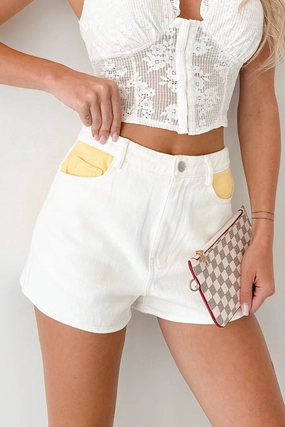 Blooming Anyway Contrast Denim Shorts (Off White/Yellow) Quick Comfort Fit