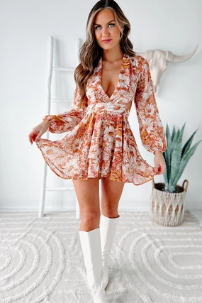 Blooming Sensation Ruffled Floral Romper (Rust) BuiltInLayer Double Layered Hem Reinforcement