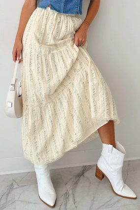 Blossom Babe Floral Tiered Maxi Skirt (Ivory) Odor Control Fabric