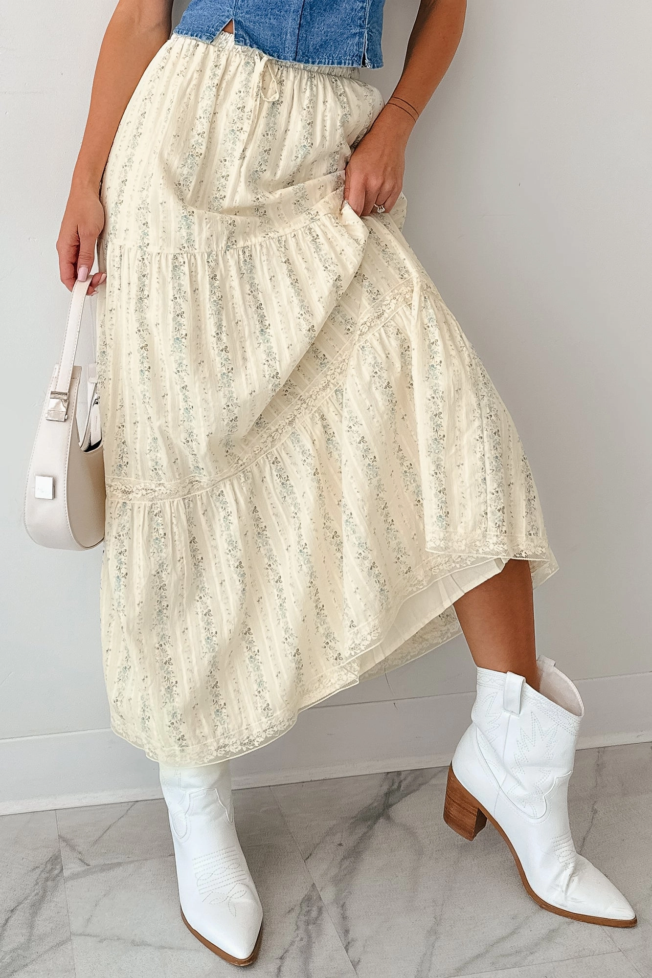 Blossom Babe Floral Tiered Maxi Skirt (Ivory) Odor Control Fabric
