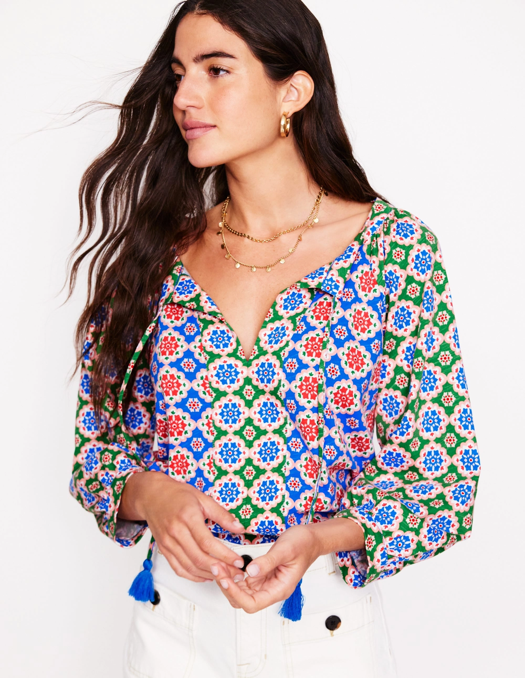 Bonded Seam Technique MultiPanelDesign Blouson Sleeve Raglan Top-Bloom Geo