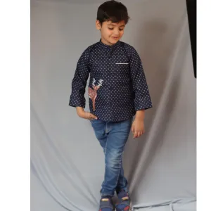 Blue Printed Denim laycra Reindeer Embroydri Full Sleeve Shirt for Boys