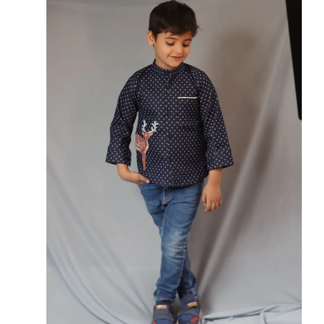 Blue Printed Denim laycra Reindeer Embroydri Full Sleeve Shirt for Boys