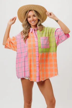 Blue Zone Planet |  BiBi Plaid Collared Neck Half Sleeve Shirt