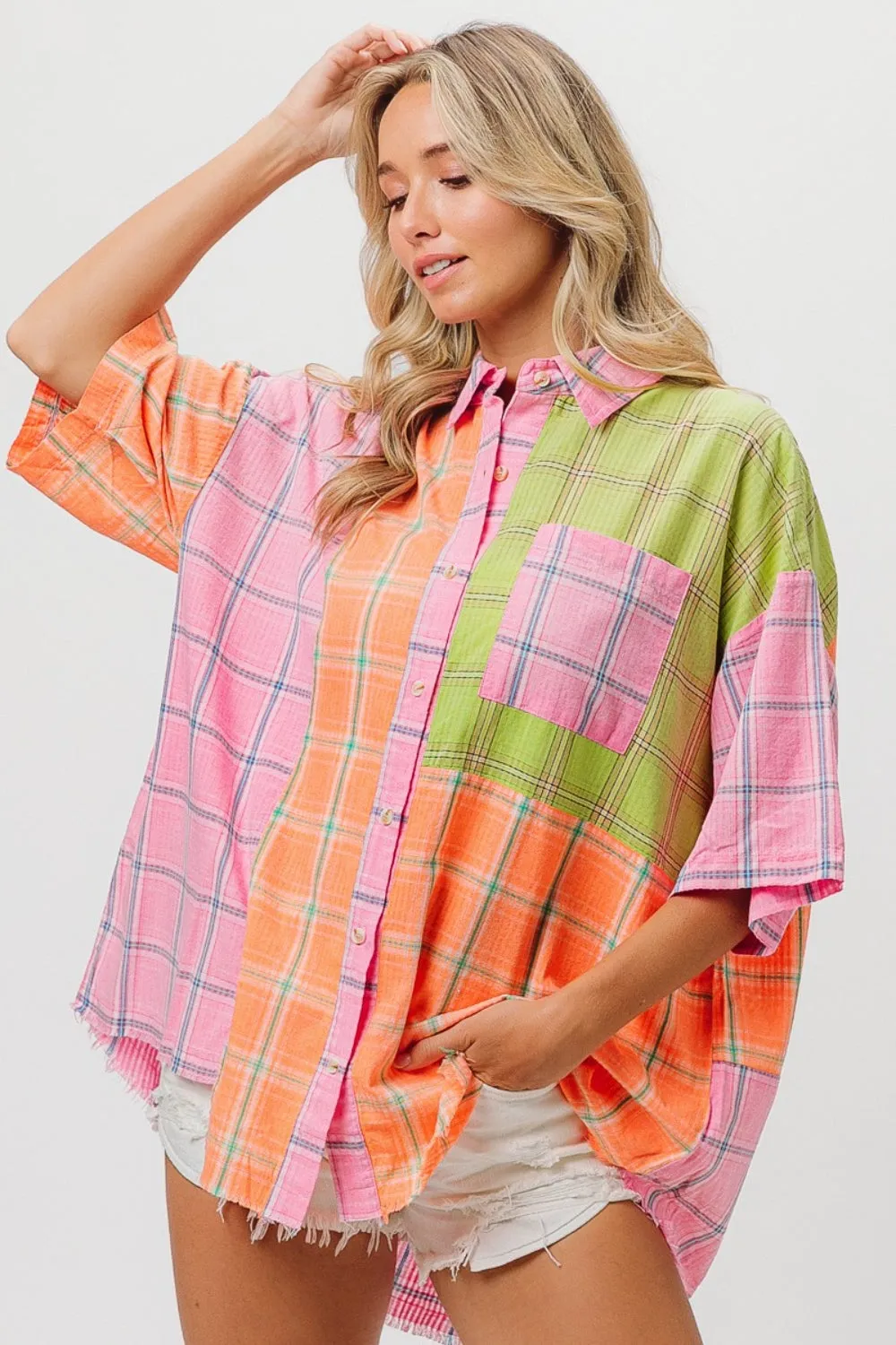 Blue Zone Planet |  BiBi Plaid Collared Neck Half Sleeve Shirt