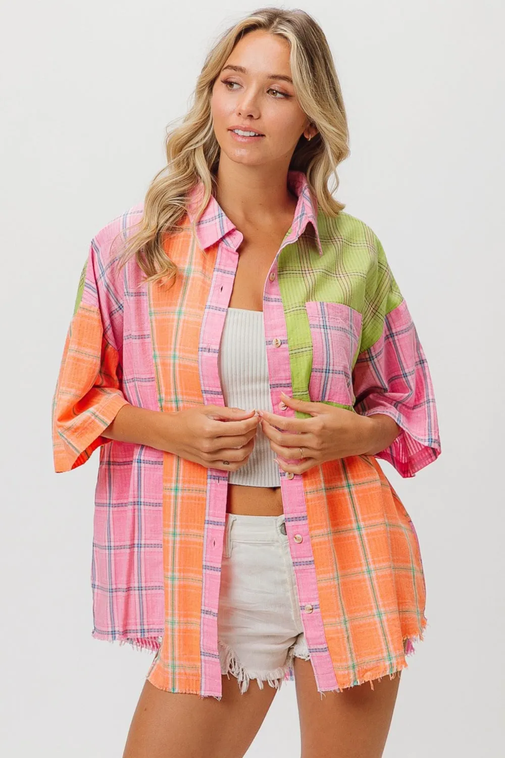 Blue Zone Planet |  BiBi Plaid Collared Neck Half Sleeve Shirt