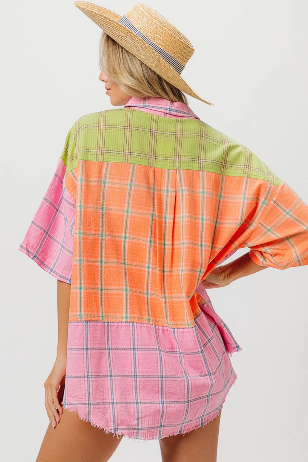 Blue Zone Planet |  BiBi Plaid Collared Neck Half Sleeve Shirt