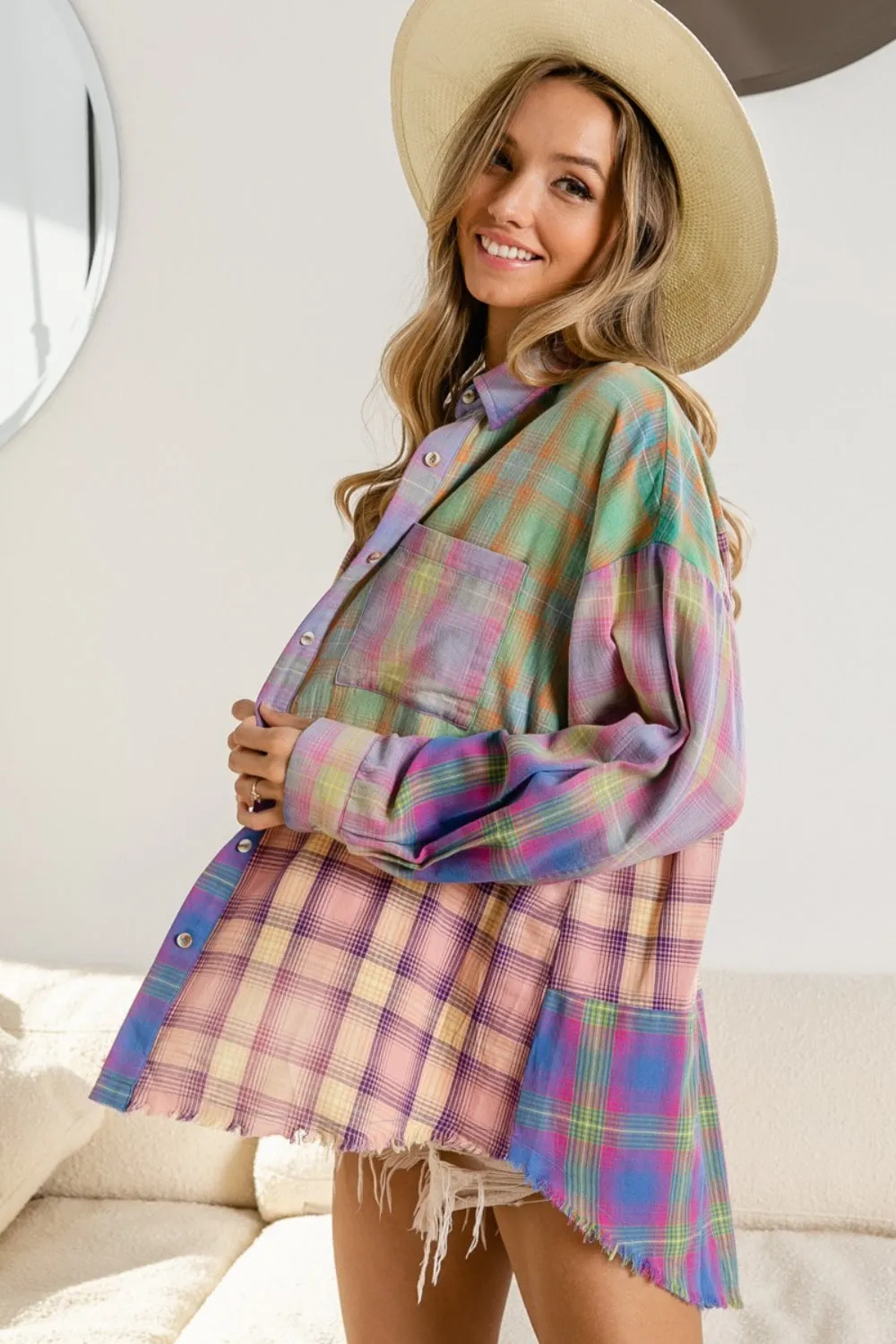 Blue Zone Planet |  BiBi Plaid Color Block Button Up Shirt