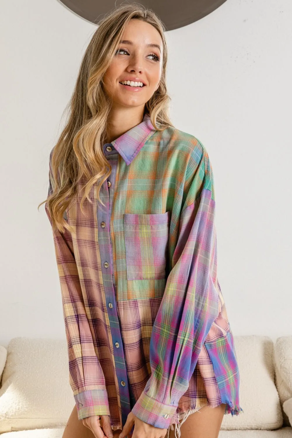 Blue Zone Planet |  BiBi Plaid Color Block Button Up Shirt