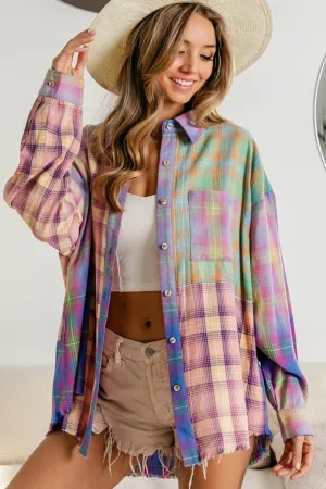 Blue Zone Planet |  BiBi Plaid Color Block Button Up Shirt