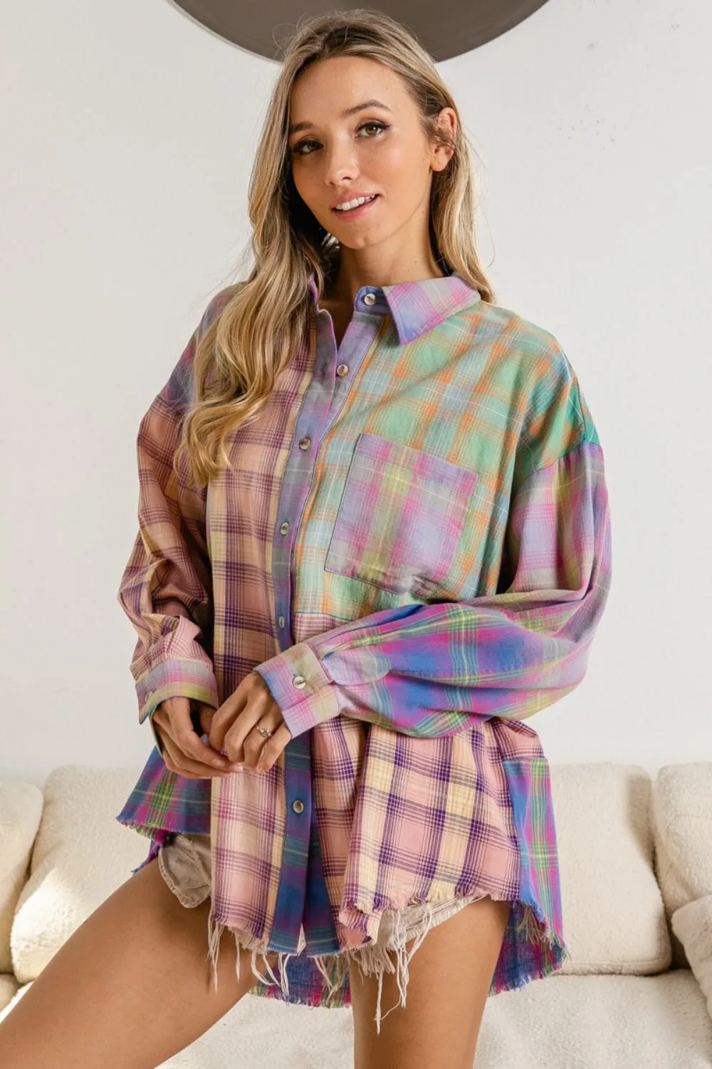 Blue Zone Planet |  BiBi Plaid Color Block Button Up Shirt