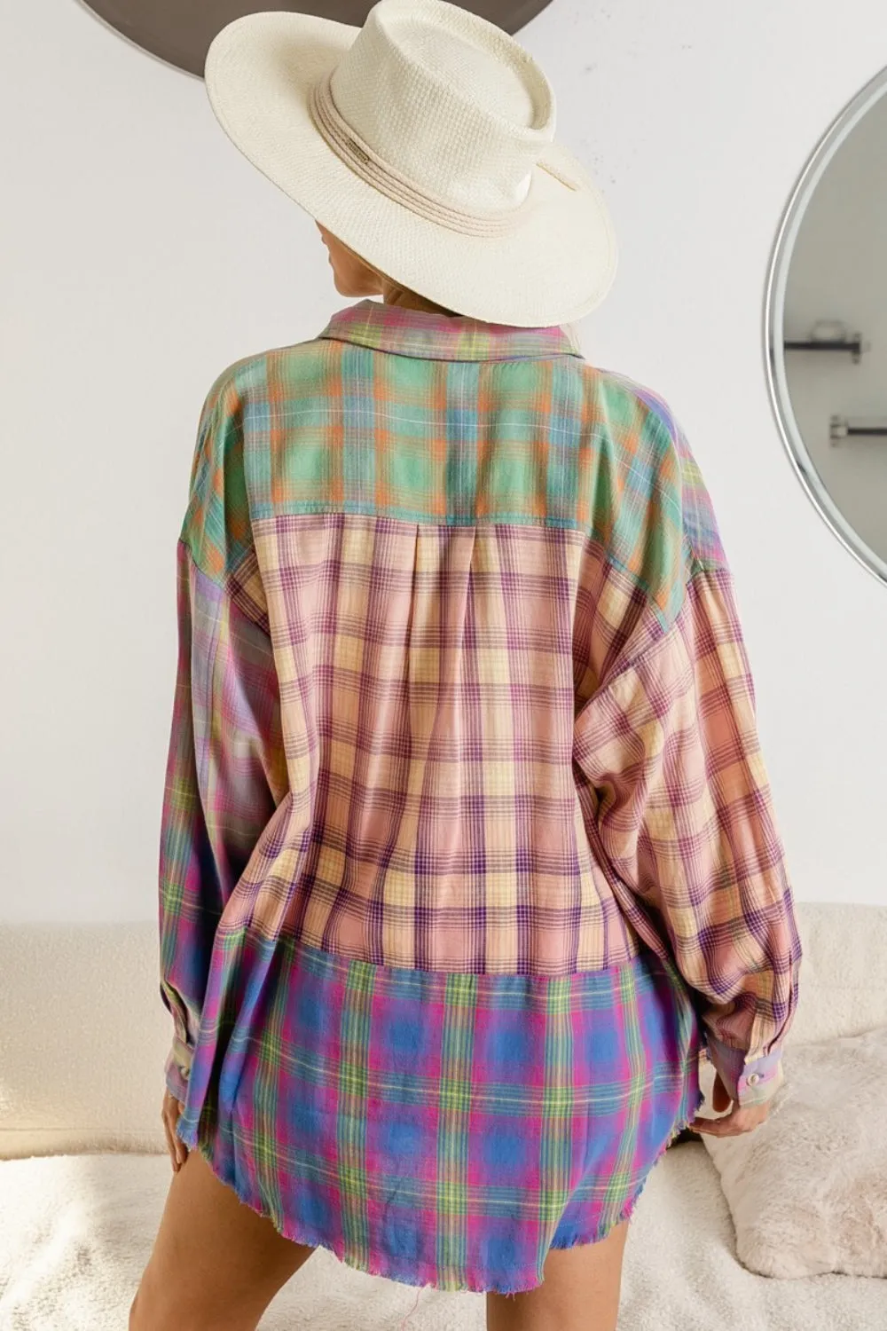 Blue Zone Planet |  BiBi Plaid Color Block Button Up Shirt