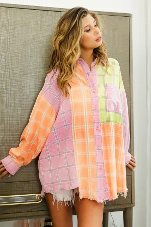 Blue Zone Planet |  BiBi Plaid Color Block Raw Hem Shirt