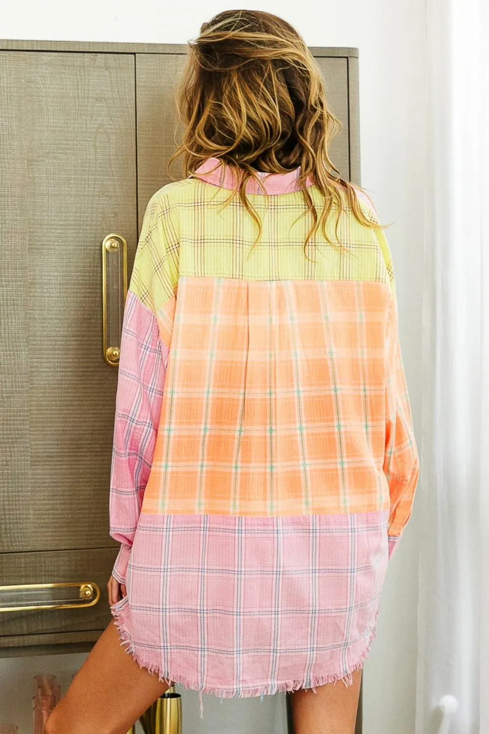 Blue Zone Planet |  BiBi Plaid Color Block Raw Hem Shirt