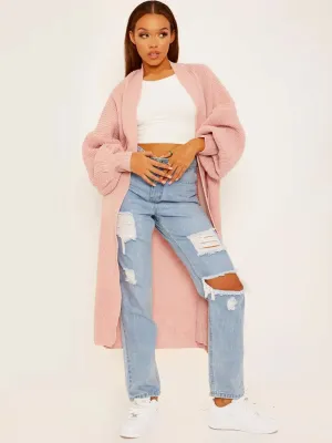 Blush Pink Balloon Sleeves Knitted Longline Open Cardigan