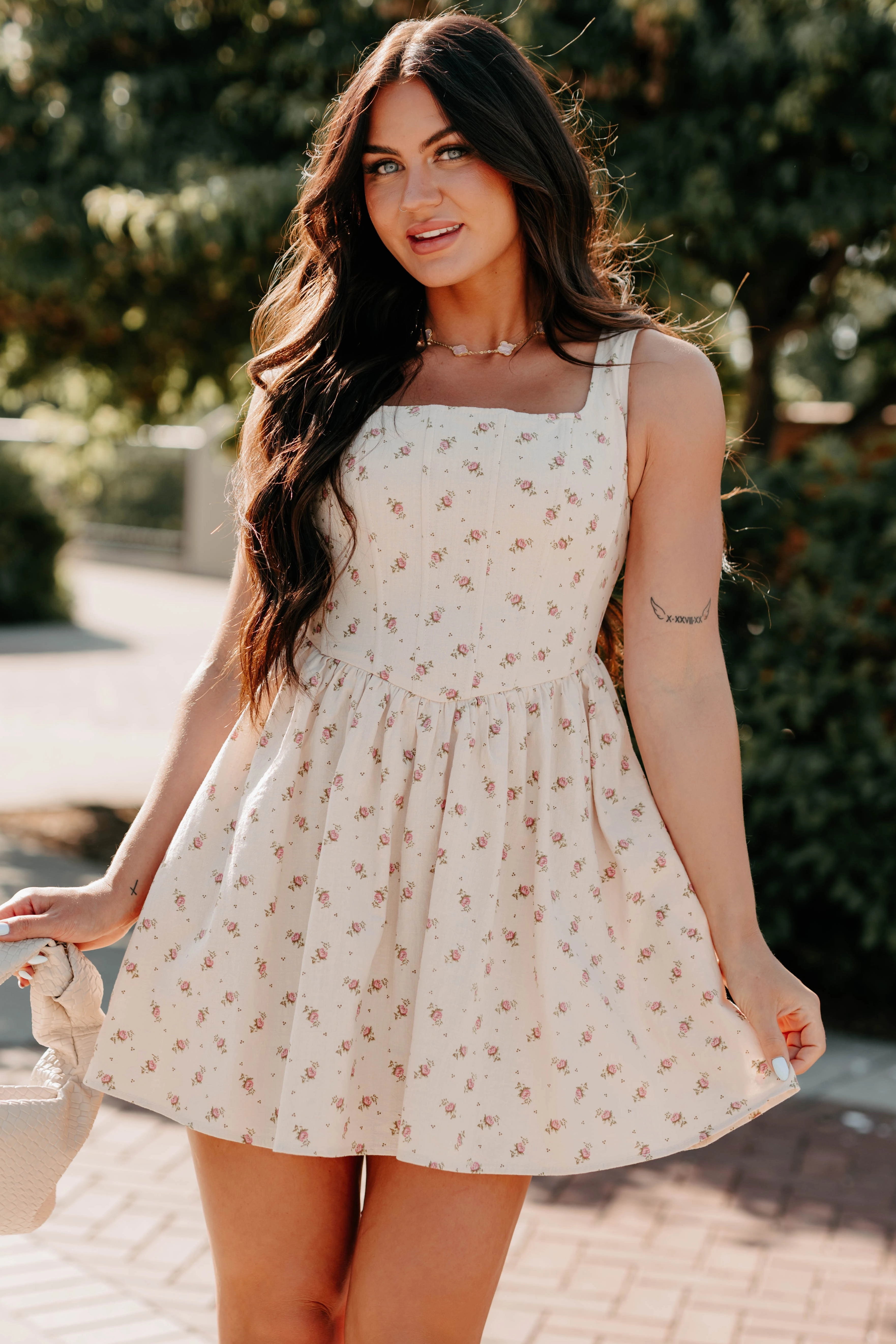 Wrap Glow Blush Tells All Square Neck Floral Mini Dress (Natural)