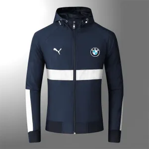BMW Moto Color Blocked Design Zip Down Hooded Polythene Men's Jacket- Navy Blue