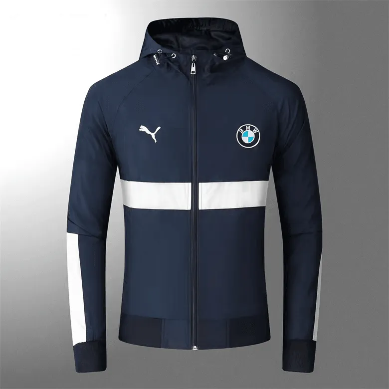BMW Moto Color Blocked Design Zip Down Hooded Polythene Men's Jacket- Navy Blue