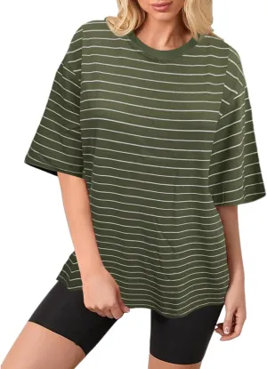 Bobeutou Women Oversized Striped Tshirt Color Block Crew Neck Short Sleeve T-Shirts Basic Shirt Loose Casual Tee Tops