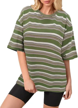 Bobeutou Women Oversized Striped Tshirt Color Block Crew Neck Short Sleeve T-Shirts Basic Shirt Loose Casual Tee Tops
