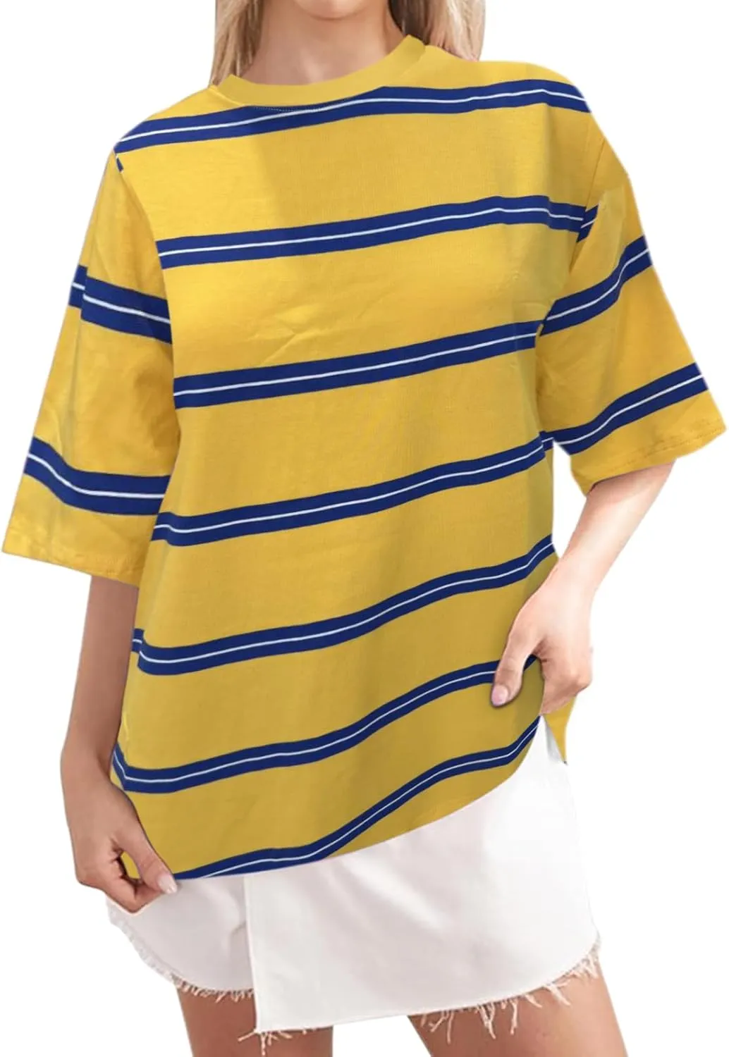 Bobeutou Women Oversized Striped Tshirt Color Block Crew Neck Short Sleeve T-Shirts Basic Shirt Loose Casual Tee Tops