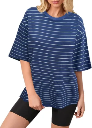 Bobeutou Women Oversized Striped Tshirt Color Block Crew Neck Short Sleeve T-Shirts Basic Shirt Loose Casual Tee Tops