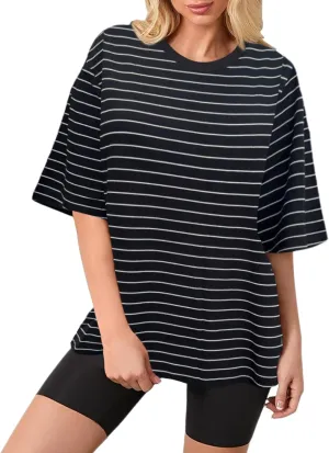 Bobeutou Women Oversized Striped Tshirt Color Block Crew Neck Short Sleeve T-Shirts Basic Shirt Loose Casual Tee Tops