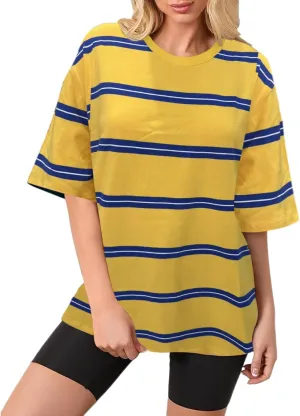 Bobeutou Women Oversized Striped Tshirt Color Block Crew Neck Short Sleeve T-Shirts Basic Shirt Loose Casual Tee Tops