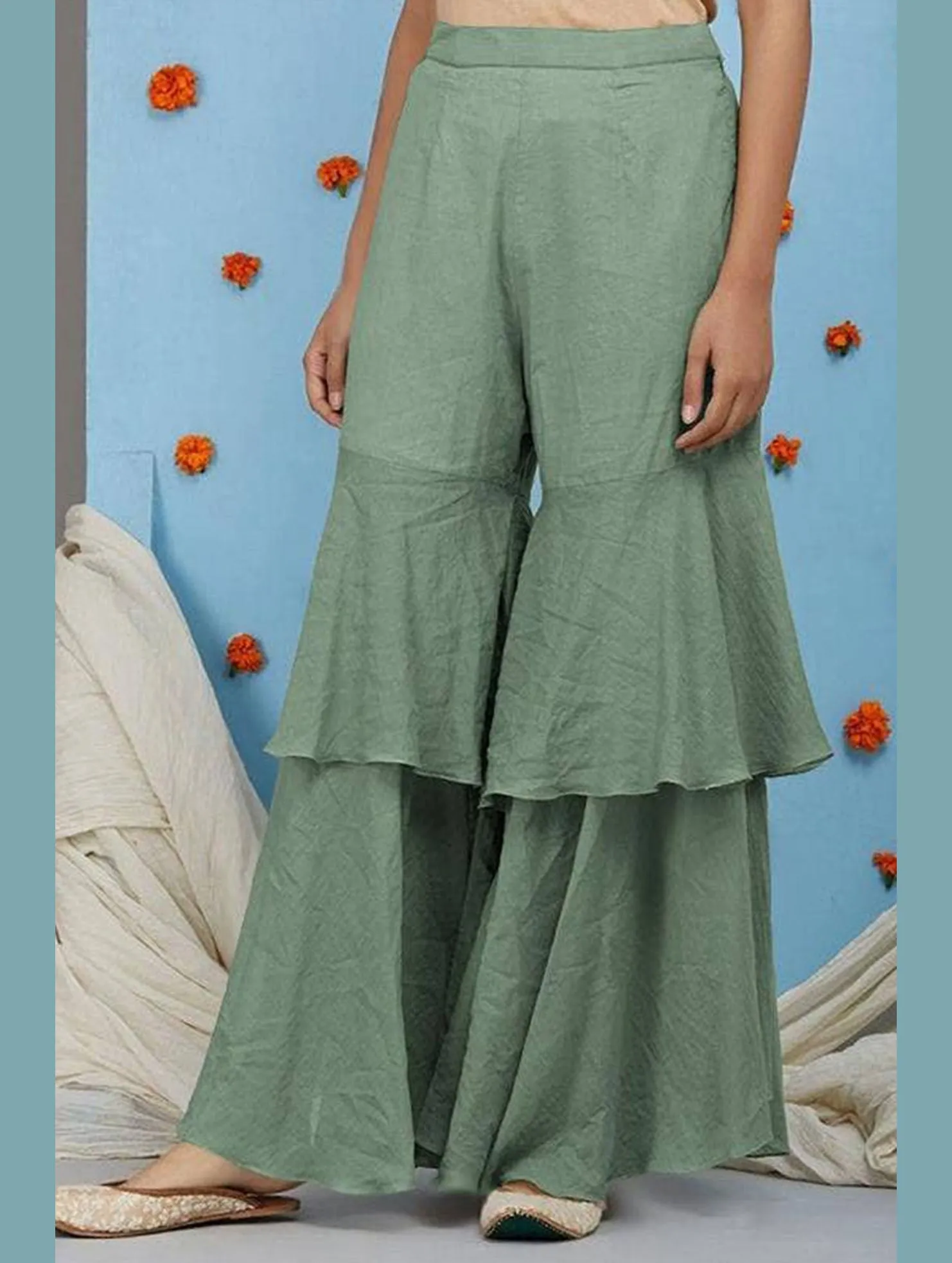 Sleek Waist TemperatureRegulation COTTON AND LINEN PATCHWORK CASUAL WIDE PANTS_CWBLP0634