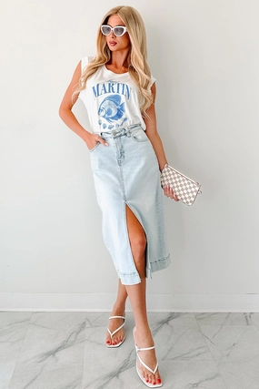 Skirtin' Around High Rise Denim Midi Skirt (Light) Quick Dry Fabric