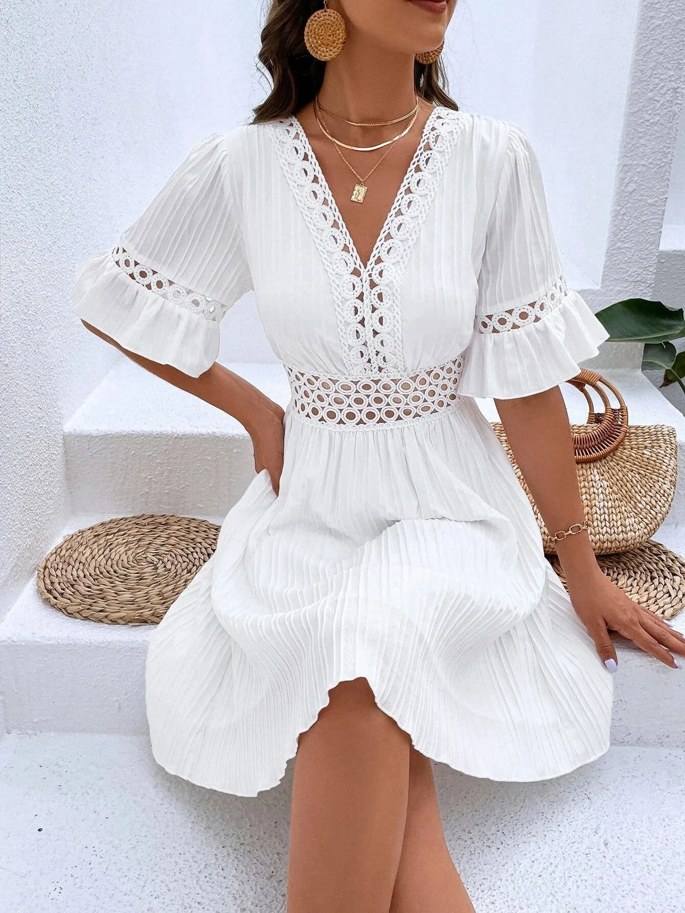 Shade Glow cut out Bohemian Casual Ruffle Dress_CWDSD4029
