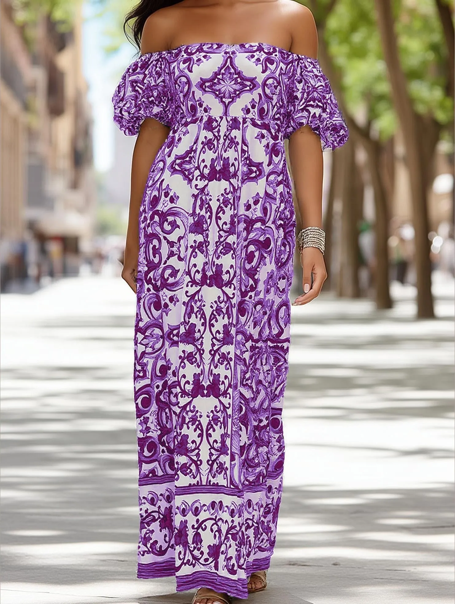 Bohemian One-Shoulder Maxi Dress ??Printed Flowy Summer Dress Jewel Tones Side Pleats