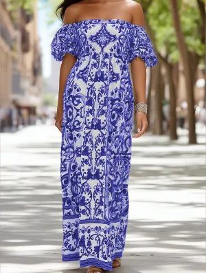 Bohemian One-Shoulder Maxi Dress ??Printed Flowy Summer Dress Day Romance