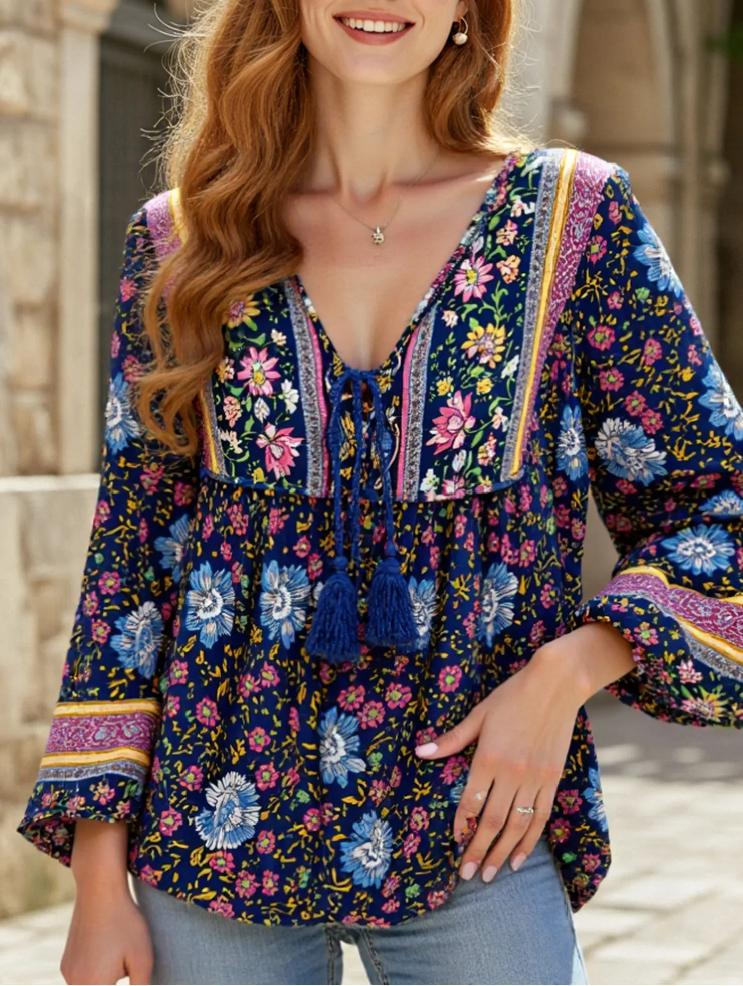 Bohemian print long-sleeved T-shirt NonIrritatingEdges AirflowVents