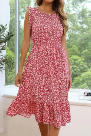 Soft Detail SLEEVELESS LACED ROUND NECK FLORAL PRINTED DRESS
