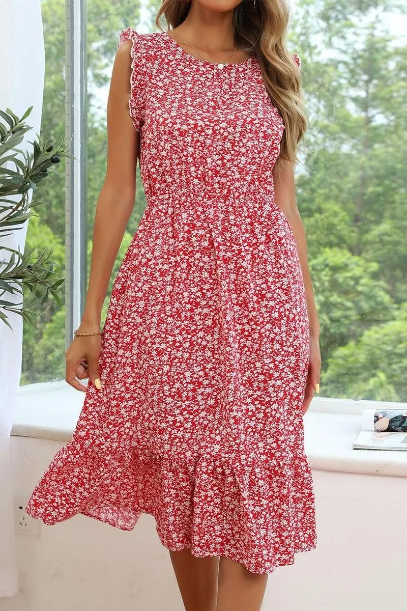 Soft Detail SLEEVELESS LACED ROUND NECK FLORAL PRINTED DRESS