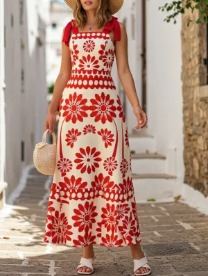 Boho Chic Locked-Down Floral Strap Dress ??Sleeveless A-Line Summer Maxi Dress Modern Comfort